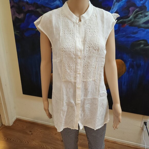 Coldwater Creek Linen Tunic Size M White Lace and Pattern - Picture 2 of 16
